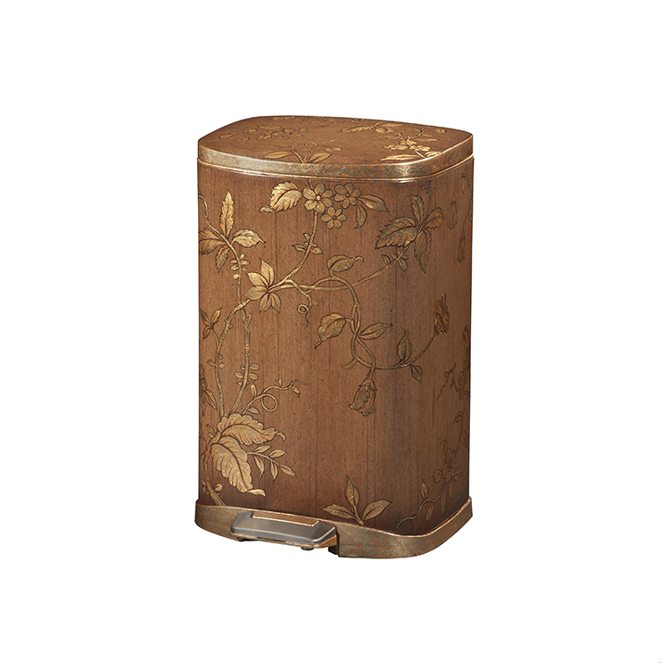 Vintage Brown-Wood Gilt-Floral Pedal Waste Bin