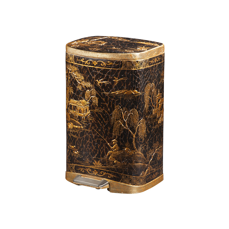 Chinese Black-Gilt Landscape Fishing-Boating Pedal Waste Bin